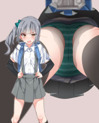 Rule 34 | 10s, 1girl, backpack, bag, breasts, brown eyes, cameltoe, commentary request, from below, green panties, grey hair, hair ribbon, highres, kantai collection, kasumi (kancolle), legs apart, long hair, mtu (orewamuzituda), multiple views, open mouth, panties, pleated skirt, randoseru, ribbon, school uniform, shirt, side ponytail, skirt, small breasts, striped clothes, striped panties, suspenders, underwear, upskirt