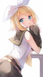 Rule 34 | 1girl, :o, aqua eyes, arched back, bare shoulders, belt, black sailor collar, black shorts, black sleeves, blonde hair, bow, curious, detached sleeves, elbow rest, flat chest, hair bow, hair ornament, hairclip, headphones, headset, highres, kagamine rin, light blush, looking at viewer, looking back, mani (manidrawings), narrow waist, neckerchief, open mouth, sailor collar, shirt, short hair, shorts, sideways glance, solo, surprised, swept bangs, turning head, vocaloid, white bow, white shirt, yellow belt, yellow neckerchief