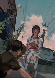 Rule 34 | 1boy, 1girl, absurdres, basket, black shirt, blue eyes, bottle, brown hair, character request, chromatic aberration, cloud, commentary, cumulonimbus cloud, dropping, fingernails, floral print, flower, highres, holding, holding basket, house, japanese clothes, jewelry, kimono, long hair, long sleeves, looking at another, matsuura kento, mole, mole on neck, mole under eye, mole under mouth, moon, open mouth, outdoors, phantom seer, pink flower, plant, red nails, ring, shirt, sitting, surprised, sweat, t-shirt, utility pole, water bottle, wide sleeves