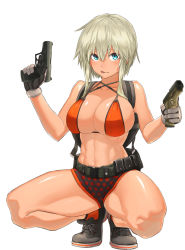 Rule 34 | 1girl, :p, abs, backpack, bad id, bad pixiv id, bag, belt, bikini, bikini top only, black footwear, blonde hair, blue eyes, breasts, cleavage, collarbone, cross-laced footwear, dual wielding, eyebrows, female focus, full body, gloves, gun, handgun, highres, holding, holding gun, holding weapon, kirii, large breasts, looking at viewer, midriff, muscular, navel, original, polka dot, shiny skin, shoes, short hair, shorts, sidelocks, simple background, sneakers, socks, solo, squatting, swimsuit, thick thighs, thighs, toned, tongue, tongue out, trigger discipline, utility belt, walther, walther p99, weapon, white background, white gloves