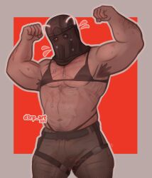 Rule 34 | 1boy, alternate costume, arm hair, armpit hair, armpits, arms up, bara, belly, black bra, bra, call of duty, call of duty: modern warfare 2, clenched hands, clip studio paint (medium), covered face, cowboy shot, crossdressing, double biceps pose, drawn ears, flexing, flying sweatdrops, framed crotch, hairy, head tilt, highres, konig (call of duty), leg belt, male focus, muscular, muscular male, pectoral cleavage, pectorals, scar, seb (d3rp art), sidepec, solo, sparse chest hair, sparse navel hair, strongman waist, two-tone background, underpec, underwear