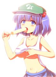 Rule 34 | 1girl, bad id, bad pixiv id, blue eyes, blue hair, blush, breasts, cleavage, clothes lift, collarbone, female focus, food, hair bobbles, hair ornament, hat, kawashiro nitori, kisaragi zwei, large breasts, licking, looking at viewer, matching hair/eyes, midriff, navel, open mouth, popsicle, revision, sexually suggestive, shirt lift, short hair, skirt, solo, tank top, tongue, tongue out, touhou, twintails, two side up, underboob