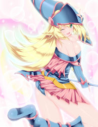 Rule 34 | 1girl, absurdres, bare shoulders, blonde hair, blue hat, blue legwear, blush, blush stickers, boots, breasts, calcio, cleavage, dark magician girl, duel monster, gauntlets, green eyes, hair between eyes, hand on headwear, hat, highres, holding, holding weapon, large breasts, long hair, looking at viewer, off shoulder, one eye closed, open mouth, panties, pantyshot, pink skirt, sideboob, skirt, smile, staff, underwear, weapon, wizard hat, yu-gi-oh!