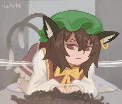 Rule 34 | 1girl, all fours, animal ear piercing, animal ears, bow, bowtie, brown eyes, brown hair, cat ears, cat tail, chen, closed mouth, duhota, frilled skirt, frills, green headwear, grey background, half-closed eyes, hat, highres, long sleeves, looking at viewer, meme, mob cap, multiple tails, parody, pet food, red skirt, red vest, shirt, short hair, skirt, tail, touhou, two tails, vest, white shirt