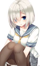 Rule 34 | 10s, 1girl, bad id, bad pixiv id, blue eyes, blush, breasts, brown pantyhose, collarbone, female focus, hair ornament, hair over one eye, hairclip, hamakaze (kancolle), kantai collection, knees together feet apart, large breasts, looking at viewer, miniskirt, neckerchief, pantyhose, parted lips, pleated skirt, school uniform, serafuku, short hair, short sleeves, silver hair, simple background, sitting, skirt, solo, teroru, upper body, white background, yellow neckerchief