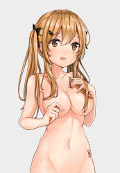 Rule 34 | 1girl, absurdres, black bow, blush, bow, breasts, brown hair, character name, collarbone, convenient arm, convenient censoring, fang, girls&#039; frontline, grey background, groin, hair between eyes, hair bow, hair censor, hair ornament, hair over breasts, hairclip, hand in own hair, head tilt, highres, long hair, medium breasts, navel, nude, open mouth, orange hair, out-of-frame censoring, scar, scar across eye, scar on face, simple background, solo, twintails, ump9 (girls&#039; frontline), zarsy