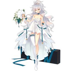 Rule 34 | 1girl, ahoge, alternate hairstyle, bare shoulders, blue choker, blue ribbon, boots, bouquet, breasts, choker, collarbone, dress, earrings, flower, full body, girls&#039; frontline, glint, hair between eyes, hand up, holding, holding bouquet, jewelry, long hair, looking at viewer, no sense of shame, official alternate costume, official art, open mouth, ornate ring, pkp (girls&#039; frontline), pkp (silver star) (girls&#039; frontline), ponytail, ribbon, ring, sidelocks, silver hair, single thighhigh, small breasts, solo, star (symbol), strapless, strapless dress, thighhighs, transparent background, very long hair, weapon case, wedding dress, wedding ring, white dress, white flower, white footwear, white thighhighs, wrist ribbon, yellow eyes