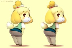 Rule 34 | 1girl, 3d, animal crossing, animal ears, ass, blonde hair, blush, brown eyes, clothes lift, dog ears, dog girl, from behind, furry, furry female, isabelle (animal crossing), looking back, miniskirt, nintendo, no panties, open mouth, pantyhose, shigatake, shirt, shoes, short hair, skirt, skirt lift, skirt tug, solo, tail, thighband pantyhose, vest