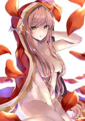 Rule 34 | 1girl, absurdres, bare shoulders, blush, breasts, cloak, fate/grand order, fate (series), hane yuki, highres, huge filesize, large breasts, licking lips, long hair, looking at viewer, medb (fate), naked cloak, petals, pink hair, red cloak, smile, solo, tiara, tongue, tongue out, yellow eyes