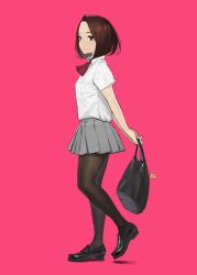Rule 34 | 1girl, bag, black pantyhose, bob cut, brown eyes, brown hair, commentary request, full body, grey skirt, loafers, looking at viewer, mid-stride, miru tights, moegi homi, pantyhose, pink background, pleated skirt, school bag, school uniform, shirt, shirt tucked in, shoes, short hair, short sleeves, simple background, skirt, solo, walking, white shirt, yomu (sgt epper)
