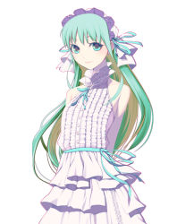Rule 34 | 1girl, blue eyes, cruccu, dress, green hair, ribbon, smile, solo, twintails