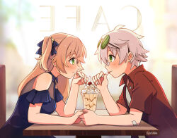 Rule 34 | 1boy, 1girl, alternate costume, bandaid, bandaid on arm, bandaid on face, bandaid on nose, bennett (genshin impact), blonde hair, blush, booth seating, bow, cafe, clothing cutout, commentary, dress, drinking straw, eating, english commentary, english text, eyewear on head, fischl (genshin impact), food, genshin impact, green eyes, hair bow, highres, holding hands, ice cream, kibashiba, long hair, looking at another, mirrored text, open clothes, open shirt, red shirt, restaurant, sharing food, shirt, short hair, short sleeves, shoulder cutout, sundae, two side up, white hair