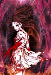 Rule 34 | 1girl, alice: madness returns, alice (alice in wonderland), american mcgee&#039;s alice, black hair, blood, blood on face, blood on clothes, blood on hands, bloody tears, breasts, colored sclera, dress, kusunoki shii, long hair, looking at viewer, pantyhose, smile, solo