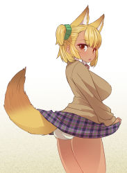 Rule 34 | :o, animal ears, ass, blonde hair, blush, breasts, brown eyes, brown sweater, collared shirt, cowboy shot, fox ears, fox tail, from behind, hair ornament, hair scrunchie, highres, large breasts, lifted by tail, long sleeves, looking at viewer, looking back, neck ribbon, one side up, original, panties, purple skirt, ribbon, scrunchie, shirt, short hair, skirt, solo, standing, sumiyao (amam), sweater, tail, underwear, unmoving pattern, white panties, wing collar