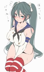 Rule 34 | 1girl, black neckerchief, black panties, blue eyes, blue sailor collar, breasts, chigasaki yukari, crop top, elbow gloves, feet out of frame, gloves, grey eyes, highres, invisible chair, isuzu (kancolle), kantai collection, large breasts, long hair, neckerchief, no pants, panties, sailor collar, shimakaze (kancolle), simple background, sitting, solo, striped clothes, striped thighhighs, thighhighs, twintails, underwear, v arms, white background, white gloves