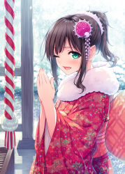 Rule 34 | 1girl, ;d, blush, brown hair, commentary request, day, fang, fingernails, floral print, flower, fur collar, green eyes, hair flower, hair ornament, hasumi (hasubatake39), high ponytail, highres, idolmaster, idolmaster cinderella girls, japanese clothes, kimono, long hair, long sleeves, looking at viewer, looking to the side, maekawa miku, obi, one eye closed, open mouth, outdoors, palms together, pink flower, ponytail, prayer, print kimono, red kimono, sash, shrine, sidelocks, smile, solo, wide sleeves