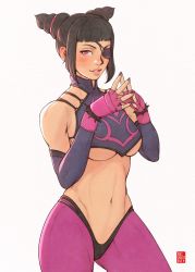 Rule 34 | 1girl, black hair, black nails, black panties, blunt bangs, blush, bracelet, breasts, capcom, chinese clothes, detached sleeves, dudou, eyepatch, fingerless gloves, fingernails, gloves, hair horns, halterneck, han juri, highres, jewelry, lips, looking at viewer, medium breasts, nail polish, navel, one-eyed, panties, panties over pantyhose, pantyhose, parted lips, pink eyes, pink gloves, pink pantyhose, purple sleeves, short hair, solo, spiked bracelet, spikes, standing, steepled fingers, stomach, street fighter, street fighter iv (series), street fighter v, thick thighs, thighs, toned, underboob, underwear, volt crocodile, white background