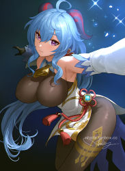 Rule 34 | 1girl, ahoge, armpits, bare shoulders, bell, black gloves, blue hair, blush, bodysuit, breasts, brown bodysuit, detached sleeves, dress, elbow gloves, ganyu (genshin impact), genshin impact, gloves, highres, horns, jewelry, large breasts, long hair, looking at viewer, nhaliz, outstretched arm, pendant, purple eyes, solo, sparkle, thighs, vision (genshin impact), white dress