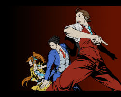 Rule 34 | 1girl, 2boys, ace attorney, ahoge, aiguillette, apollo justice, athena cykes, black background, black hair, blue necktie, brown hair, formal, gloves, gradient background, letterboxed, long hair, multiple boys, necktie, over zenith, pants, parody, phoenix wright, phoenix wright: ace attorney - dual destinies, ponytail, red background, red pants, single glove, skirt, suit, taro nuts, yellow skirt