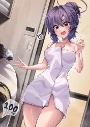 1girl absurdres bare_shoulders blue_archive breasts cleavage collarbone doodle_sensei_(blue_archive) hair_between_eyes halo hidel highres long_hair mechanical_halo medium_breasts naked_towel purple_eyes purple_hair sensei_(blue_archive) solo thermostat thighs towel washing_machine yuuka_(blue_archive)