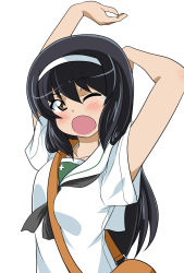 Rule 34 | 1girl, arms up, bag, between breasts, black hair, black neckerchief, blouse, breasts, brown eyes, carrying, commentary, duplicate, girls und panzer, hairband, highres, long hair, looking at viewer, neckerchief, one eye closed, ooarai school uniform, open mouth, pixel-perfect duplicate, reizei mako, sailor collar, satchel, school uniform, serafuku, shirt, short sleeves, simple background, solo, standing, strap between breasts, stretching, summer uniform, tearing up, upper body, wakku kan, white background, white hairband, white sailor collar, white shirt, yawning