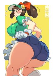 Rule 34 | 1girl, absurdres, alternate costume, alternate hairstyle, apron, artist name, ass, black-framed eyewear, blush, breasts, brown eyes, brown hair, curvy, from behind, glasses, gloves, hair ribbon, highres, honeydew mei, large breasts, looking back, mei (overwatch), nisego, overwatch, overwatch 1, ponytail, puffy sleeves, ribbon, round eyewear, short sleeves, shorts, socks, solo, thick thighs, thighs, visor cap, waist apron, white gloves