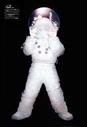 Rule 34 | 1girl, absurdres, astronaut, black background, english text, expressionless, fishbowl helmet, flower, full body, helmet, highres, looking at viewer, original, ryuuforkaf, short hair, simple background, solo, spacesuit, white eyes, white hair