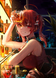 Rule 34 | 1girl, absurdres, ahoge, alcohol, bad id, bad pixiv id, blush, bottle, coin, cup, drinking glass, fingernails, from side, gold coin, hair ribbon, heterochromia, highres, holding, holding cup, hololive, hololive fantasy, houshou marine, indoors, long hair, looking at viewer, minttchocok, nail polish, night, night sky, parted lips, red eyes, red hair, red nails, red ribbon, ribbon, sky, solo, sweatdrop, twintails, virtual youtuber, yellow eyes