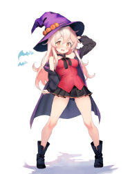 Rule 34 | 1girl, :d, alternate costume, arm up, bare legs, bare shoulders, bat (animal), black footwear, black skirt, boots, breasts, cloak, commentary, full body, genderswap, genderswap (mtf), hair between eyes, halloween costume, hand on headwear, hat, highres, legs, legs apart, light blush, long hair, long sleeves, looking at viewer, miniskirt, onii-chan wa oshimai!, open mouth, orange eyes, oyama mahiro, pink hair, pleated skirt, purple cloak, purple hat, red shirt, shirt, simple background, single bare shoulder, skirt, small breasts, smile, solo, standing, uchi no hachiware, untucked shirt, white background, witch hat