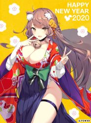 Rule 34 | 1girl, 2020, animal ears, bell, black collar, blue hakama, blush, braid, breasts, brown eyes, brown hair, cleavage, collar, fang, floral background, floral print, flower, green nails, hair flower, hair ornament, hakama, hakama short skirt, hakama skirt, happy new year, highres, icomochi, japanese clothes, kimono, large breasts, long hair, long sleeves, looking at viewer, nail polish, neck bell, new year, open mouth, original, print kimono, red kimono, shirt, side slit, skirt, smile, solo, standing, thigh strap, twintails, very long hair, white shirt, wide sleeves, yellow background