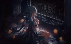 Rule 34 | 1girl, absurdres, amari, aqua hair, building, city, city lights, cityscape, dark, dress, facing away, hatsune miku, highres, long hair, night, paper, playing with own hair, scenery, sitting, skyscraper, solo, very long hair, vocaloid