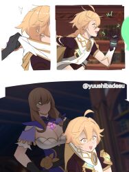 Rule 34 | 1boy, 1girl, aether (genshin impact), ahoge, belt, black belt, black gloves, blonde hair, braid, braided ponytail, breasts, brown hair, brown shirt, carrying, carrying person, cleavage, comic, commentary, corset, dress, english commentary, from side, genshin impact, gloves, gold trim, green eyes, hair between eyes, hair over one eye, hand on own hip, highres, indoors, jewelry, large breasts, library, lisa (genshin impact), long hair, necklace, no mouth, one eye covered, profile, purple corset, running, scarf, shaded face, shirt, short sleeves, sweat, twitter username, white scarf, yellow eyes, yuushiba