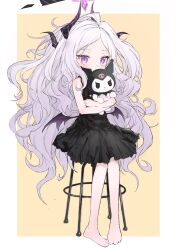 Rule 34 | 1girl, barefoot, black dress, blue archive, blush, crossover, dress, halo, highres, hina (blue archive), holding, holding stuffed toy, horns, kuromi, long hair, looking at viewer, low wings, multiple horns, purple eyes, purple wings, reitoubeef, sanrio, sitting, sleeveless, sleeveless dress, solo, stool, stuffed toy, two-tone background, very long hair, wavy hair, white hair, wings