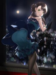 Rule 34 | 1girl, ass, bare shoulders, black gloves, black pantyhose, blush, breasts, brown hair, cityscape, commentary, dress, earrings, elbow gloves, frilled dress, frills, from behind, full moon, gloves, green eyes, hand up, highres, idolmaster, idolmaster cinderella girls, idolmaster cinderella girls starlight stage, jewelry, large breasts, leaning forward, lens flare, lens flare abuse, long hair, looking at viewer, looking back, moon, night, night sky, nishikawa honami, open mouth, pantyhose, sasa koutoyomu, sky, smile, solo, standing, strapless, strapless dress, two-tone dress, window