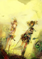 Rule 34 | 1boy, 1girl, arms behind back, bare shoulders, belt, blonde hair, brother and sister, detached sleeves, closed eyes, guitar, hair ornament, hair ribbon, hairclip, headphones, instrument, kagamine len, kagamine rin, leg warmers, microphone, navel, paper airplane, ponytail, relax (artist), ribbon, sailor collar, short hair, shorts, siblings, smile, twins, vocaloid