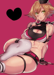 Rule 34 | 10s, 1girl, arm support, armband, bad id, bad pixiv id, belt, breasts, brown hair, cleavage, cleavage cutout, clothing cutout, eyebrows, finger to mouth, fingerless gloves, fingernails, gloves, green eyes, hat, headband, headgear, heart, highres, hohehohe, index finger raised, kantai collection, large breasts, lipstick, long fingernails, looking at viewer, makeup, midriff, miniskirt, mutsu (kancolle), nail polish, navel, neckerchief, red nails, short hair, shorts, shushing, simple background, single thighhigh, sitting, skirt, sleeveless, solo, striped, swept bangs, thigh strap, thighhighs, toned, white thighhighs