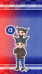 Rule 34 | 10s, 2boys, blue background, brown hair, chain, chibi, cigarette, countdown, danganronpa (series), danganronpa v3: killing harmony, dual persona, fake horns, gradient background, hand on own hip, hat, horned headwear, horns, hoshi ryoma, jacket, leather, leather jacket, male focus, multiple boys, pants, red background, simple background, smile, spoken number, standing on another&#039;s head, striped clothes, striped pants, two-tone background, yumaru (marumarumaru)