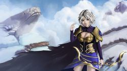 Rule 34 | 1girl, alternate costume, armor, ashe (league of legends), bad id, bad pixiv id, bow, bow (weapon), breasts, cape, circlet, cleavage, cloud, darkautism, day, fingernails, highres, league of legends, medium breasts, miniskirt, mountain, pauldrons, short hair, shoulder armor, skirt, snow, solo, weapon, white hair