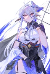 Rule 34 | 1girl, absurdres, animal ears, antenna hair, azur lane, bare shoulders, black gloves, blue skirt, breasts, cowboy shot, detached sleeves, ear piercing, fox mask, gloves, grey hair, hair between eyes, half gloves, highres, large breasts, long hair, looking at viewer, mask, mask on head, piercing, red eyes, ribbon, rigging, shino pupille, sidelocks, simple background, skirt, solo, tosa (azur lane), white background