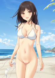 Rule 34 | 1girl, :d, banned artist, bare arms, bare shoulders, bikini, unworn bikini bottom, bikini top only, black hair, blue sky, bottomless, breasts, brown eyes, brown hair, cleavage, cloud, commentary request, day, eyebrows hidden by hair, horizon, looking at viewer, medium breasts, mountain, n.g., navel, ocean, open mouth, original, outdoors, parted bangs, pussy, side-tie bikini bottom, sky, smile, solo, swimsuit, uncensored, untied bikini, water, white bikini
