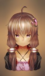 Rule 34 | 1girl, breasts, brown hair, closed mouth, collagen, hair ornament, jacket, long hair, looking at viewer, purple eyes, short hair with long locks, sidelocks, simple background, small breasts, smile, solo, upper body, voiceroid, yuzuki yukari