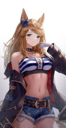 Rule 34 | 1girl, alternate eye color, animal ears, arm belt, bandeau, belt, black belt, black choker, blonde hair, blue bow, bow, breasts, choker, cleavage, closed mouth, cowboy shot, cutoffs, denim, denim shorts, ear bow, ear ornament, gloves, gold city (umamusume), green eyes, hand up, highres, horse ears, horse girl, horse tail, jacket, large breasts, light blush, long hair, long sleeves, looking at viewer, midriff, navel, off shoulder, open clothes, open fly, open jacket, school uniform, short shorts, shorts, simple background, single bare shoulder, smile, solo, standing, strapless, striped bandeau, swept bangs, tail, torn clothes, torn shorts, tracen school uniform, tube top, umamusume, white background, white gloves, yoimoriyoru