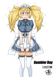 Rule 34 | adapted costume, apron, back bow, blonde hair, blue eyes, blue shirt, blue skirt, blush, bow, breasts, character name, collared shirt, commentary request, embarrassed, frilled skirt, frills, gambier bay (kancolle), kantai collection, large breasts, maid, maid apron, maid headdress, shirt, signature, skirt, solo, sweatdrop, thighhighs, tsukino murakumo, twintails, white background, white bow, white thighhighs