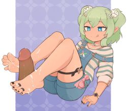 Rule 34 | 1girl, barefoot, black nails, blue eyes, cum, cum on body, cum on feet, elf, feet, fingernails, flower, footjob, green hair, hair flower, hair ornament, highres, indie virtual youtuber, jewelry, legs, nail polish, penis, pointy ears, renee tala, shirt, simple background, softhanten, soles, spread toes, striped clothes, striped shirt, thighlet, toe ring, toenail polish, toenails, toes, virtual youtuber, watch, wristwatch