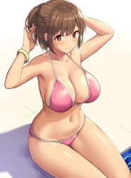 Rule 34 | 1girl, 3:, absurdres, armpits, arms up, bangle, bare arms, bare shoulders, bikini, bracelet, breasts, brown hair, cleavage, closed mouth, collarbone, female focus, half updo, halterneck, halterneck, highres, jewelry, large breasts, looking at viewer, navel, original, pink bikini, poolside, red eyes, sawada yuusuke, short hair, sitting, solo, stomach, strap gap, string bikini, swimsuit, thighs