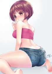 Rule 34 | 1girl, artist request, ass, back, bare shoulders, barefoot, blush, breasts, brown hair, crop top, denim, denim shorts, from behind, green eyes, highres, large breasts, looking at viewer, medium breasts, original, shiny skin, short hair, short shorts, shorts, sideboob, simple background, sitting, solo, wariza