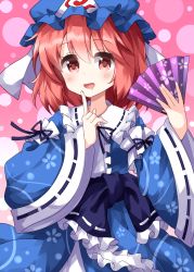 Rule 34 | 1girl, black ribbon, blue hat, blue kimono, collarbone, cowboy shot, dotted background, floral print, folding fan, frilled sash, frilled shirt collar, frills, gradient background, hair between eyes, hand fan, hat, highres, holding, holding fan, index finger raised, japanese clothes, kimono, long sleeves, looking at viewer, medium hair, mob cap, neck ribbon, open mouth, pink background, pink eyes, pink hair, ribbon, ribbon-trimmed collar, ribbon-trimmed sash, ribbon-trimmed sleeves, ribbon trim, ruu (tksymkw), saigyouji yuyuko, saliva, sash, smile, solo, spiral, standing, touhou, triangular headpiece, white ribbon, wide sleeves