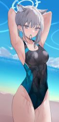 Rule 34 | 1girl, absurdres, animal ear fluff, animal ears, arms behind head, arms up, beach, blue archive, blue eyes, blue sky, breasts, cloud, competition swimsuit, covered navel, day, ear piercing, extra ears, grey hair, hair tie, hair tie in mouth, halo, highres, hototogisu (7kanu 7ra), looking at viewer, medium breasts, mismatched pupils, mouth hold, ocean, one-piece swimsuit, outdoors, piercing, shiroko (blue archive), shiroko (swimsuit) (blue archive), sidelocks, sky, solo, swimsuit, thighs, tying hair, water, wet, wet clothes, wet swimsuit, wolf ears