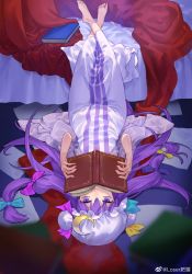 Rule 34 | 1girl, barefoot, bed, blue bow, blue ribbon, book, bow, crescent, crescent hair ornament, dress, frilled dress, frilled sleeves, frills, hair bow, hair ornament, hat, hat ribbon, highres, long hair, looking at viewer, losercat, lying, mob cap, pajamas, patchouli knowledge, purple bow, purple eyes, purple hair, ribbon, striped, touhou, very long hair, yellow bow