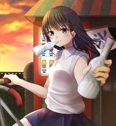 Rule 34 | 1girl, bicycle, blue skirt, brown hair, cloud, cowboy shot, foreshortening, giving, looking at viewer, mouth hold, negiko123123, original, outdoors, purple eyes, red sky, shirt, short hair, short sleeves, sign, sitting, skirt, sky, sleeves pushed up, smile, solo, sunset, vending machine, white shirt